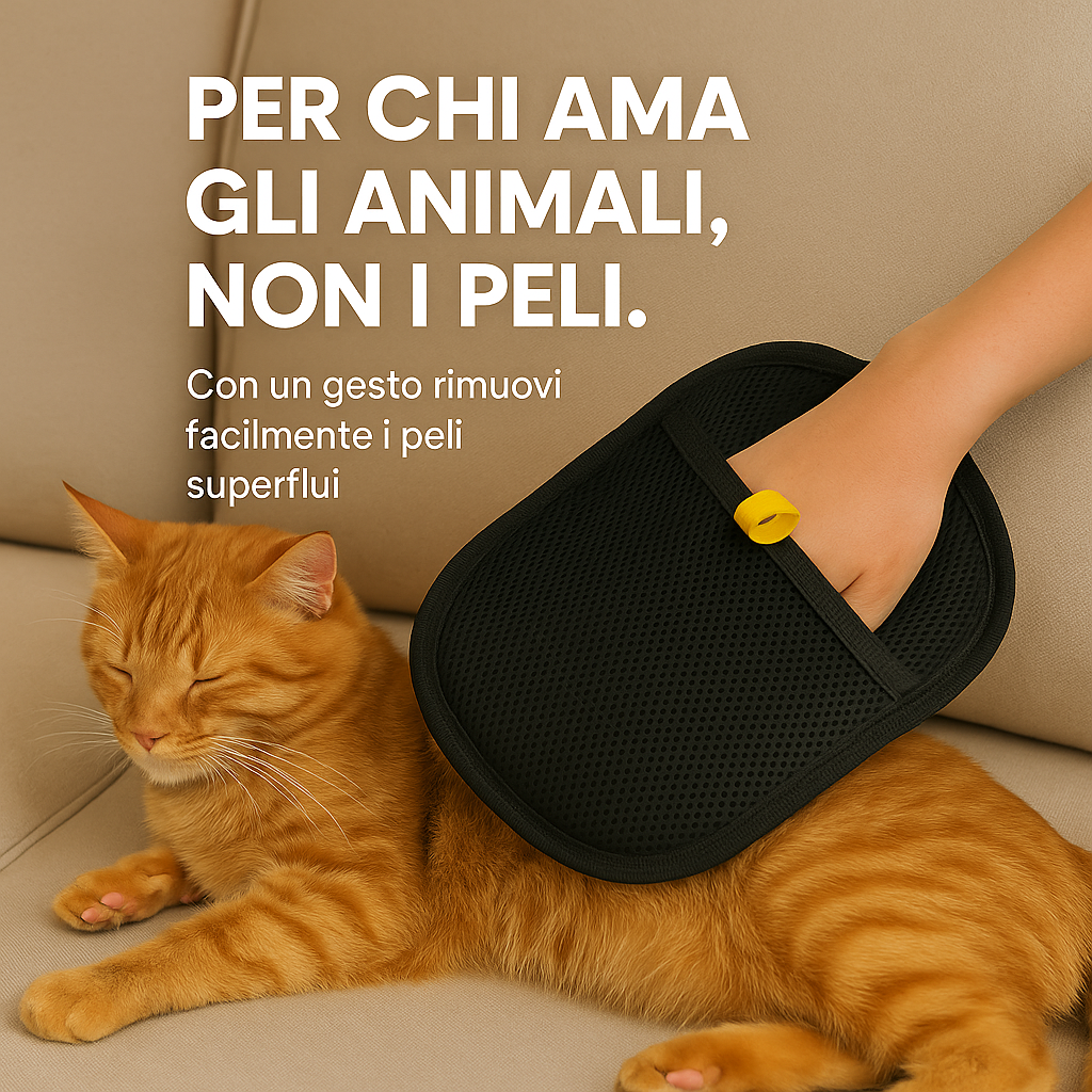 Guanto per la rimozione dei peli di animali con setole elettrostatiche doppie.