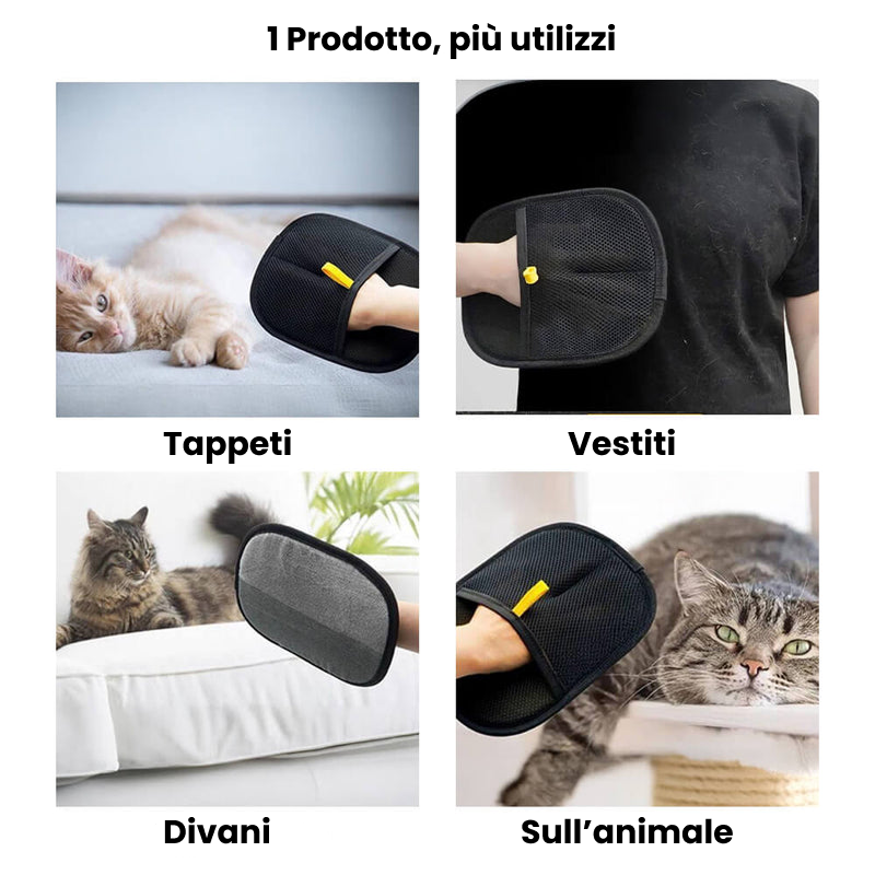 Guanto per la rimozione dei peli di animali con setole elettrostatiche doppie.