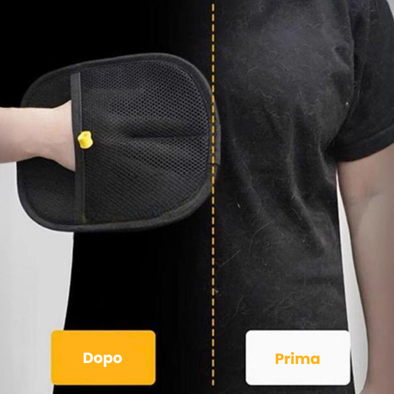 Guanto per la rimozione dei peli di animali con setole elettrostatiche doppie.